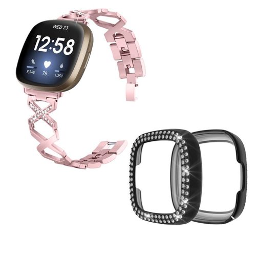 For Fitbit Versa 3 / Sense Stylish X-Shape Design Stainless Steel Smartwatch Wrist Strap + Two Row Rhinestones Black Protective Case - Rose Pink