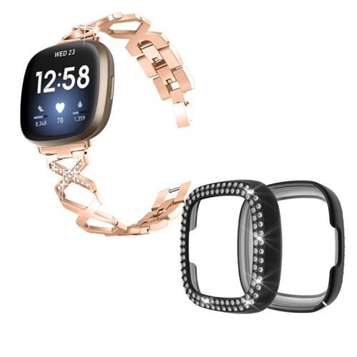 For Fitbit Versa 3 / Sense Stylish X-Shape Design Stainless Steel Smartwatch Wrist Strap + Two Row Rhinestones Black Protective Case - Rose Gold