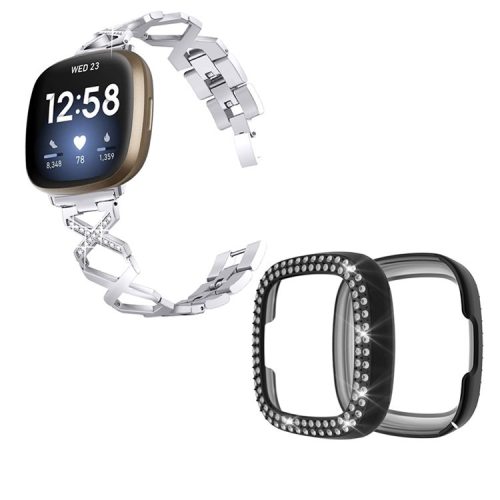 For Fitbit Versa 3 / Sense Stylish X-Shape Design Stainless Steel Smartwatch Wrist Strap + Two Row Rhinestones Black Protective Case - Silver