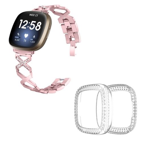 For Fitbit Versa 3 / Sense X-Shape Design Stainless Steel Bracelet Replacement Wrist Strap + Two Row Rhinestones Transparent Anti-scratch Watch Case - Rose Pink