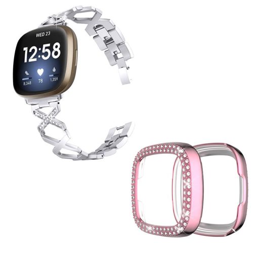 For Fitbit Versa 3 / Sense X-Shape Design Smartwatch Wrist Band Stainless Steel Bracelet + Two Row Rhinestones Rose Pink Watch Case - Silver