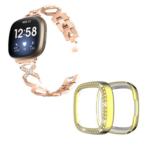 For Fitbit Versa 3 / Sense X-Shape Design Stainless Steel Bracelet Stylish Wrist Band + Two Row Rhinestones Gold Watch Case - Rose Gold