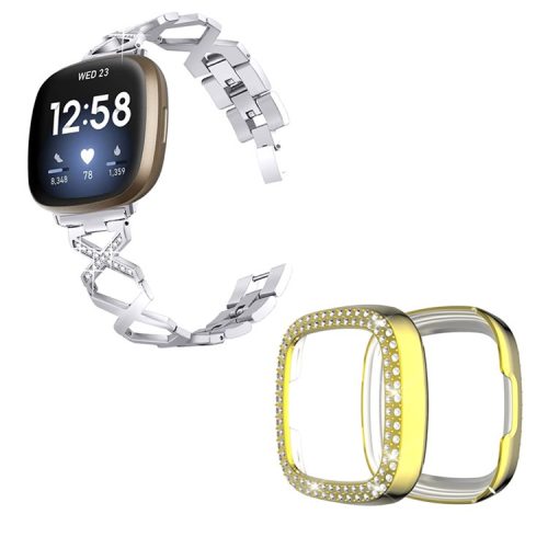 For Fitbit Versa 3 / Sense X-Shape Design Stainless Steel Bracelet Stylish Wrist Band + Two Row Rhinestones Gold Watch Case - Silver