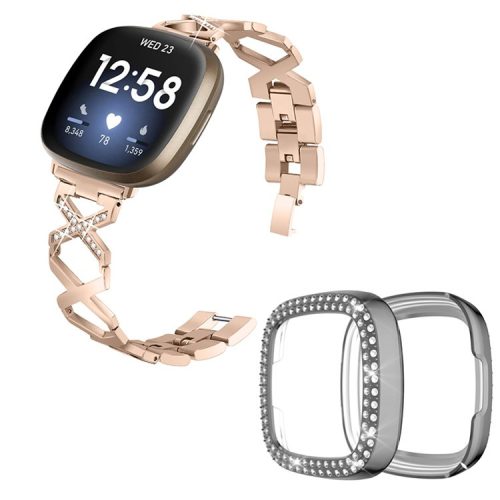 For Fitbit Versa 3 / Sense X-Shape Design Stainless Steel Bracelet Replacement Strap + Two Row Rhinestones Grey Watch Protective Case - Gold