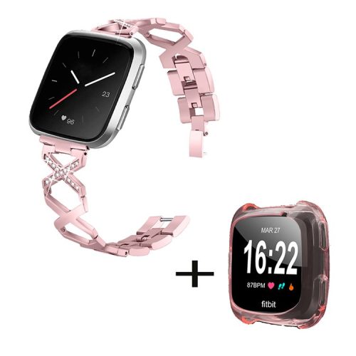 For Fitbit Versa / Versa 2 / Versa Lite / Versa SE Stainless Steel Watch Band Rhinestone Decor X-shaped Bracelet Strap with Transparent Pink TPU Hollow Protective Watch Case - Rose Pink