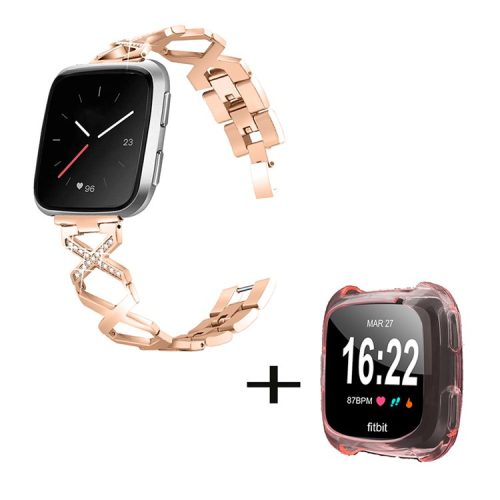 For Fitbit Versa / Versa 2 / Versa Lite / Versa SE Stainless Steel Watch Band Rhinestone Decor X-shaped Bracelet Strap with Transparent Pink TPU Hollow Protective Watch Case - Rose Gold