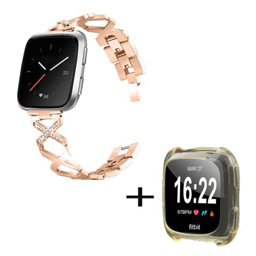 For Fitbit Versa / Versa 2 / Versa Lite / Versa SE X-shaped Watch Band Rhinestone Decor Replacement Stainless Steel Strap with Transparent Yellow TPU Hollow Watch Cover - Rose Gold