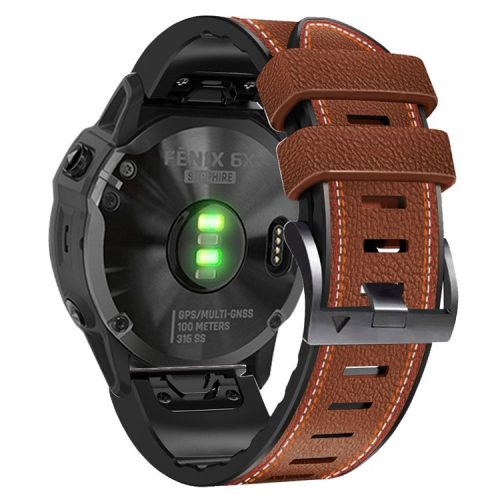 For Garmin Enduro / Tactix Delta / Tactix 7 Pro PU Leather Coated Silicone Watch Band 26mm Three-color Stitching Line Quick Release Sweatproof Strap - Brown