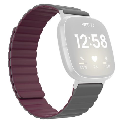 For Fitbit Versa 4 / Sense 2 Magnetic Attraction Silicone Smart Watch Strap Replacement Wrist Band - Grey / Wine Red