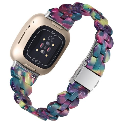 For Fitbit Versa 3 / Sense, Universal Resin Watch Strap Quick Release Smart Bracelet Band - Purple Green Flower