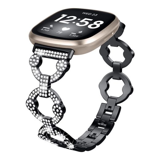 For Fitbit Versa 3 / Sense Rhinestone Decor Watch Band Ring Shape Replacement Bracelet Women Dressy Jewelry Wristband Strap - Black