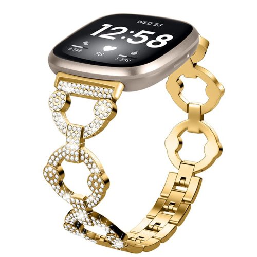 For Fitbit Versa 3 / Sense Rhinestone Decor Watch Band Ring Shape Replacement Bracelet Women Dressy Jewelry Wristband Strap - Gold