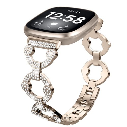 For Fitbit Versa 3 / Sense Rhinestone Decor Watch Band Ring Shape Replacement Bracelet Women Dressy Jewelry Wristband Strap - Champagne Gold