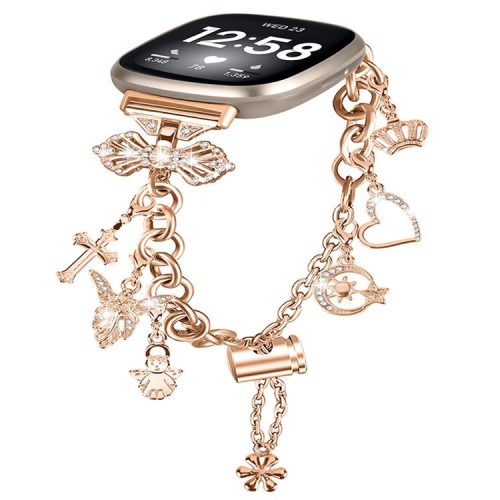 For Fitbit Versa 3 / Fitbit Sense Metal Watch Band with Multiple Pendants Adjustable Wristband Bracelet - Rose Gold