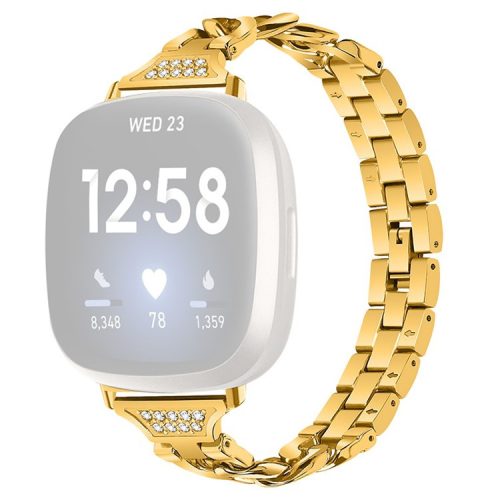 For Fitbit Versa 3 / Sense Universal Watch Strap Metal Watch Band Rhinestone Decorated Connector Watchband for Girls - Gold