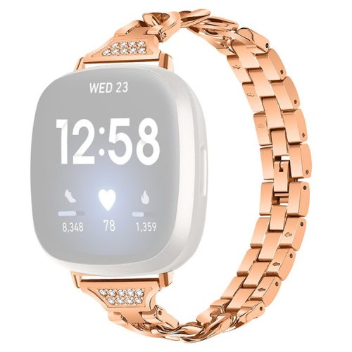 For Fitbit Versa 3 / Sense Universal Watch Strap Metal Watch Band Rhinestone Decorated Connector Watchband for Girls - Rose Gold