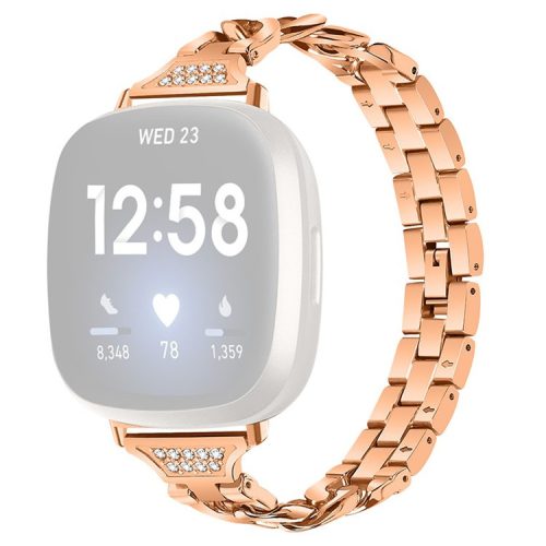 For Fitbit Versa 4 / Sense 2 Metal Watch Strap Universal Watch Band Rhinestone Decorated Connector Watchband for Girls - Rose Gold