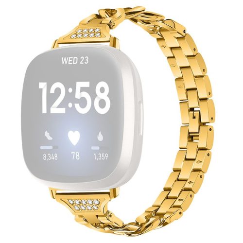 For Fitbit Versa 4 / Sense 2 Metal Watch Strap Universal Watch Band Rhinestone Decorated Connector Watchband for Girls - Gold