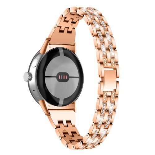 2 Rows Rhinestone Decor Watch Band for Google Pixel Watch 2 / Pixel Watch 5 Beads Metal Wrist Strap Replacement - Rose Gold