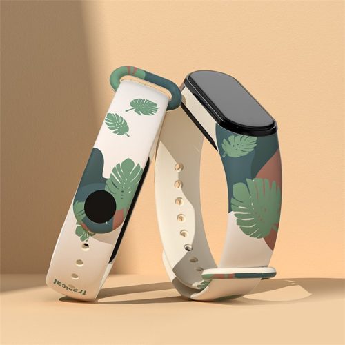 For Xiaomi Mi Band 3 / Band 4 / Band 5 / Band 6 / Band 7 Pattern Printed Watch Band Adjustable Breathable Soft TPU Wristband Bracelet - Leaves