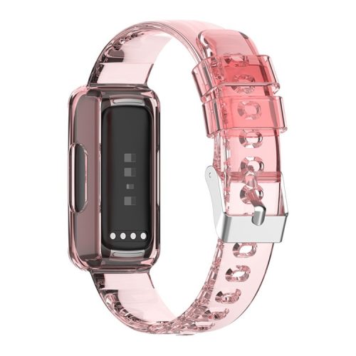 Integrated Smart Watch Strap for Fitbit Inspire 3, Silicone Watchband Adjustable Strap with Watch Case - Transparent Pink