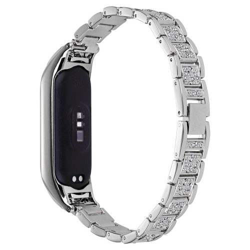 For Xiaomi Mi Band 3 / 4 Three Bead Watch Strap Metal Rhinestone Decor Wrist Band - Silver