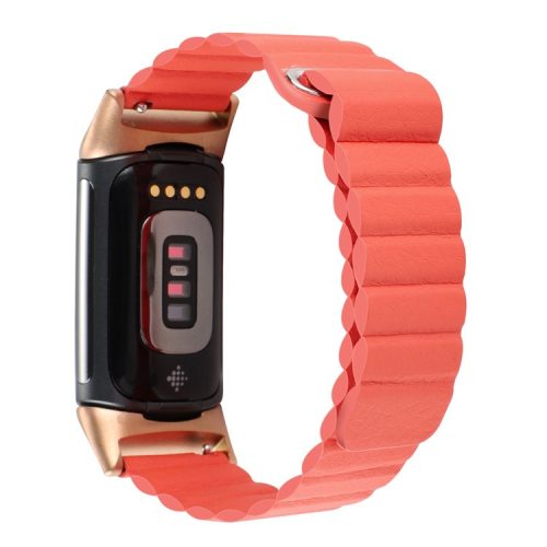 For Fitbit Charge 6 / 5 Replacement Magnetic Wrist Band Genuine Leather Adjustable Watch Strap - Orange