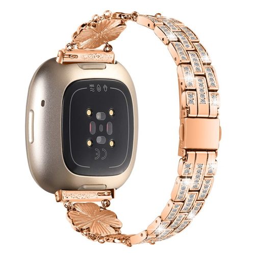 For Fitbit Versa 4 / Sense 2 Watch Strap Rhinestone Decor Replacement Steel Wrist Band - Rose Gold