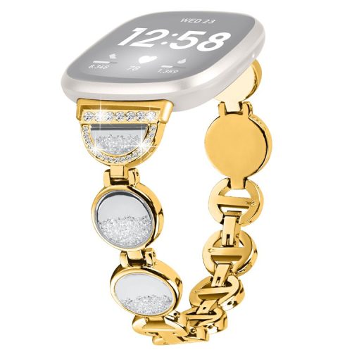 For Fitbit Versa 4 / Sense 2 Quicksand Watch Strap Rhinestone Decorated Metal Watch Band - Gold