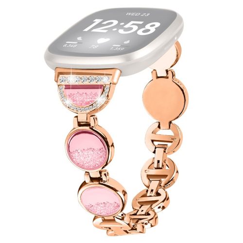 For Fitbit Versa 4 / Sense 2 Quicksand Watch Strap Rhinestone Decorated Metal Watch Band - Rose Gold