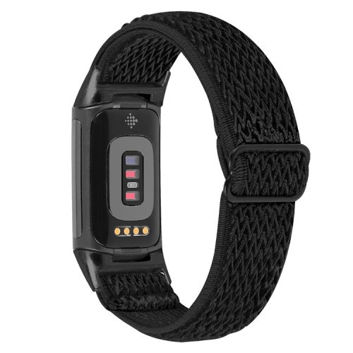 Stretchy Nylon Watch Band for Fitbit Charge 6 / 5 , Adjustable Elastic Sport Wristbands with Black Connector - Black