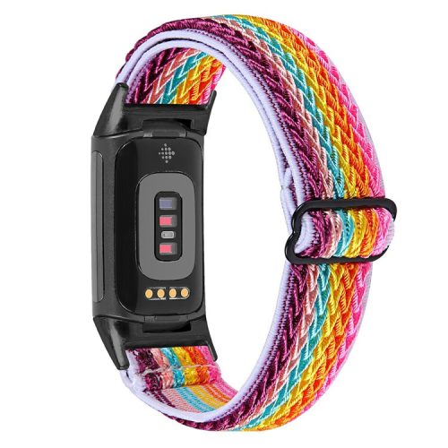 Stretchy Nylon Watch Band for Fitbit Charge 6 / 5 , Adjustable Elastic Sport Wristbands with Black Connector - Rainbow