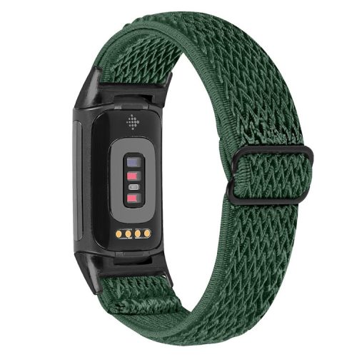 Stretchy Nylon Watch Band for Fitbit Charge 6 / 5 , Adjustable Elastic Sport Wristbands with Black Connector - Army Green