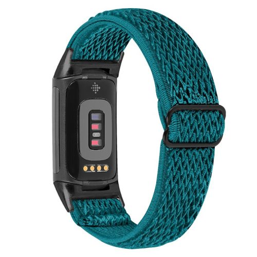 Stretchy Nylon Watch Band for Fitbit Charge 6 / 5 , Adjustable Elastic Sport Wristbands with Black Connector - Dark Cyan