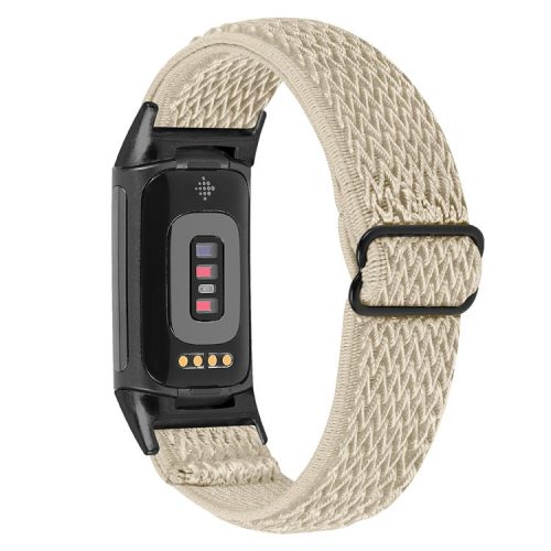 Stretchy Nylon Watch Band for Fitbit Charge 6 / 5 , Adjustable Elastic Sport Wristbands with Black Connector - Apricot