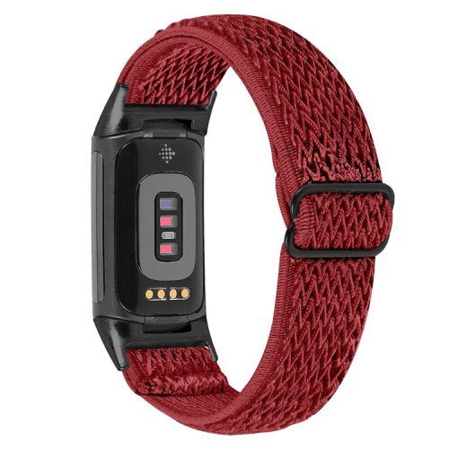 Stretchy Nylon Watch Band for Fitbit Charge 6 / 5 , Adjustable Elastic Sport Wristbands with Black Connector - Red