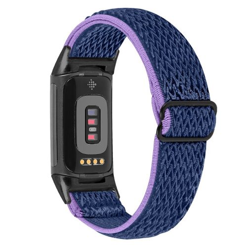 Stretchy Nylon Watch Band for Fitbit Charge 6 / 5 , Adjustable Elastic Sport Wristbands with Black Connector - Purple / Blue