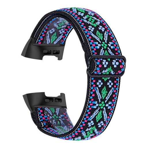 Watch Strap with Black Connector for Fitbit Charge 4 / 3 / 3 SE , Elastic Nylon Pattern Printing Smart Bracelet Band - Style J