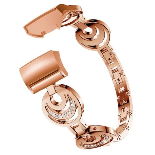 Metal Wrist Band for Fitbit Charge 6 / 5 Watch Strap Moon Design Rhinestones Decor Replacement - Rose Gold