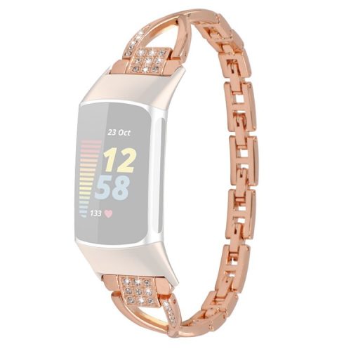 Metal Watch Strap for Fitbit Charge 2 Rhinestones Decor Cross Design Replacement Wrist Band - Rose Gold