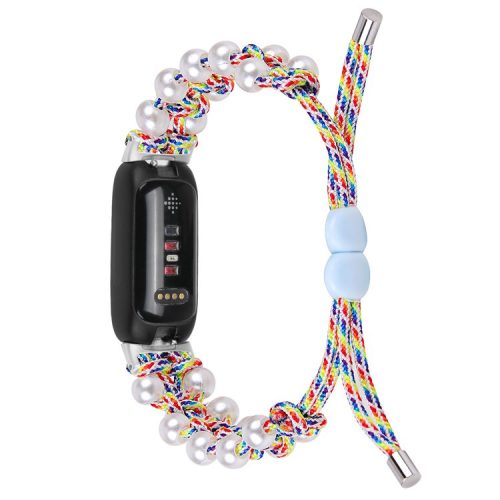 For Fitbit Inspire 3 Pearl Decor Adjustable Braided Rope Wrist Band Stylish Smart Watch Strap - Rainbow