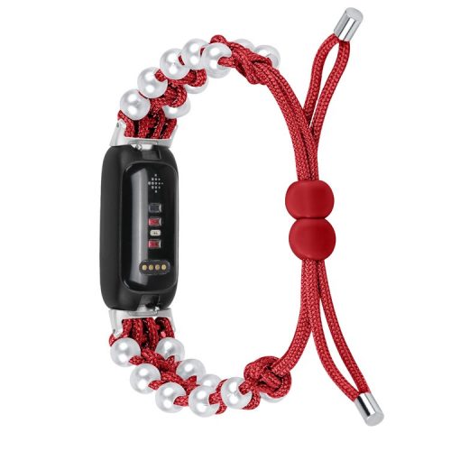 For Fitbit Inspire 3 Pearl Decor Adjustable Braided Rope Wrist Band Stylish Smart Watch Strap - Red