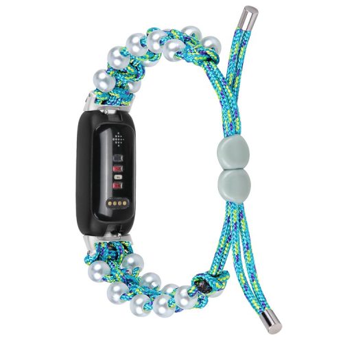 For Fitbit Inspire 3 Pearl Decor Adjustable Braided Rope Wrist Band Stylish Smart Watch Strap - Blue