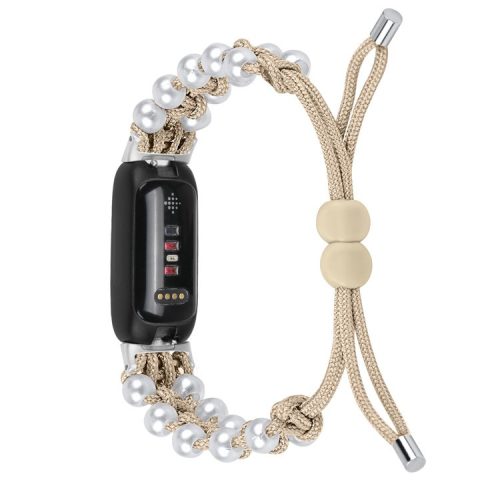 For Fitbit Inspire 3 Pearl Decor Adjustable Braided Rope Wrist Band Stylish Smart Watch Strap - Apricot