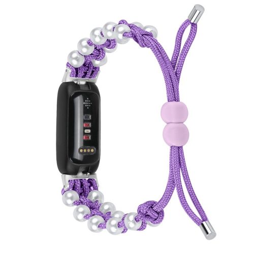 For Fitbit Inspire 3 Pearl Decor Adjustable Braided Rope Wrist Band Stylish Smart Watch Strap - Purple