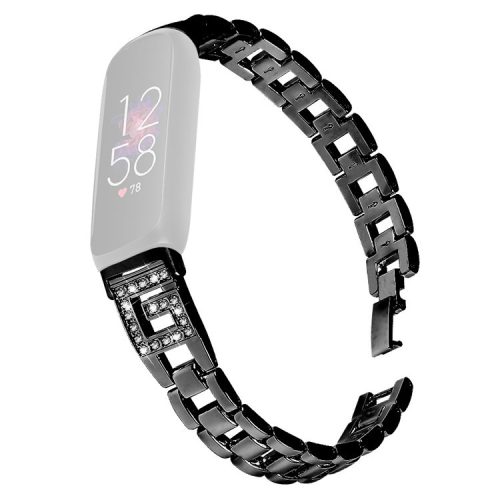 For Fitbit Inspire 3 G-shape Rhinestone Decor Metal Wrist Strap Replacement Watch Band - Black