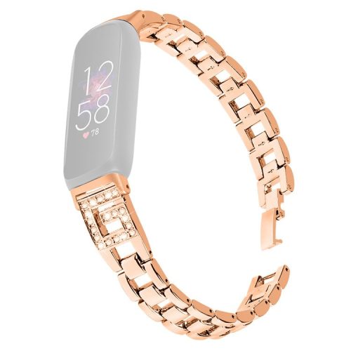 For Fitbit Inspire 3 G-shape Rhinestone Decor Metal Wrist Strap Replacement Watch Band - Rose Gold