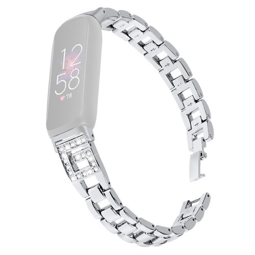 For Fitbit Inspire 3 G-shape Rhinestone Decor Metal Wrist Strap Replacement Watch Band - Silver