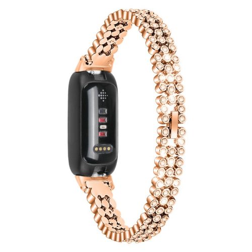 For Fitbit Inspire 3 Rhinestone Decor Alloy Wrist Strap Replacement Smartwatch Band - Rose Gold