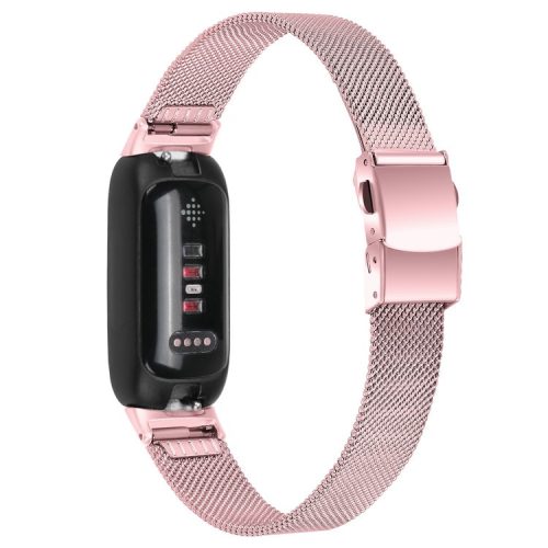 For Fitbit Inspire 3 Stainless Steel Milanese Replacement Strap Adjustable Watch Band with Buckle - Rose Pink